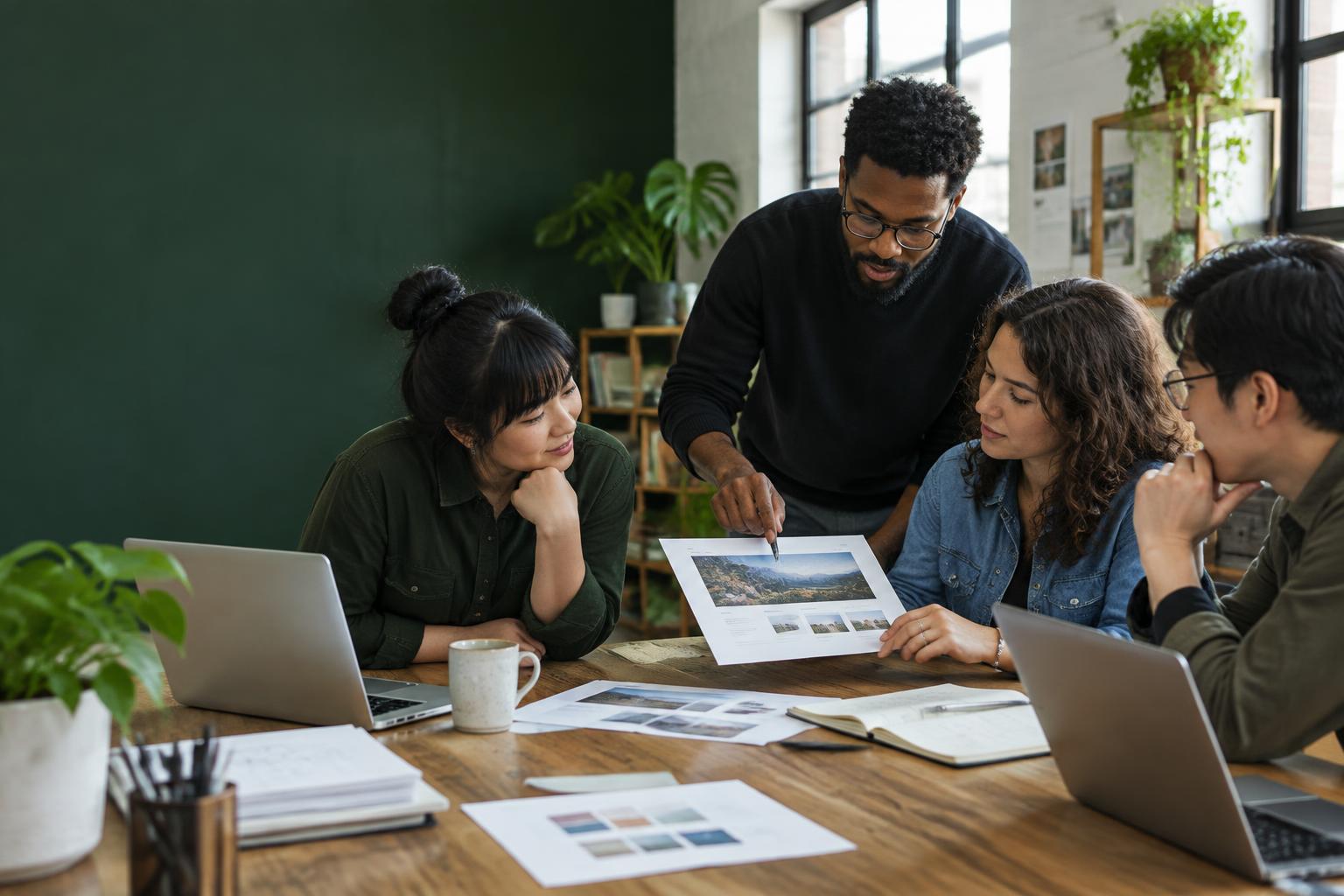 A small team reviewing a project together